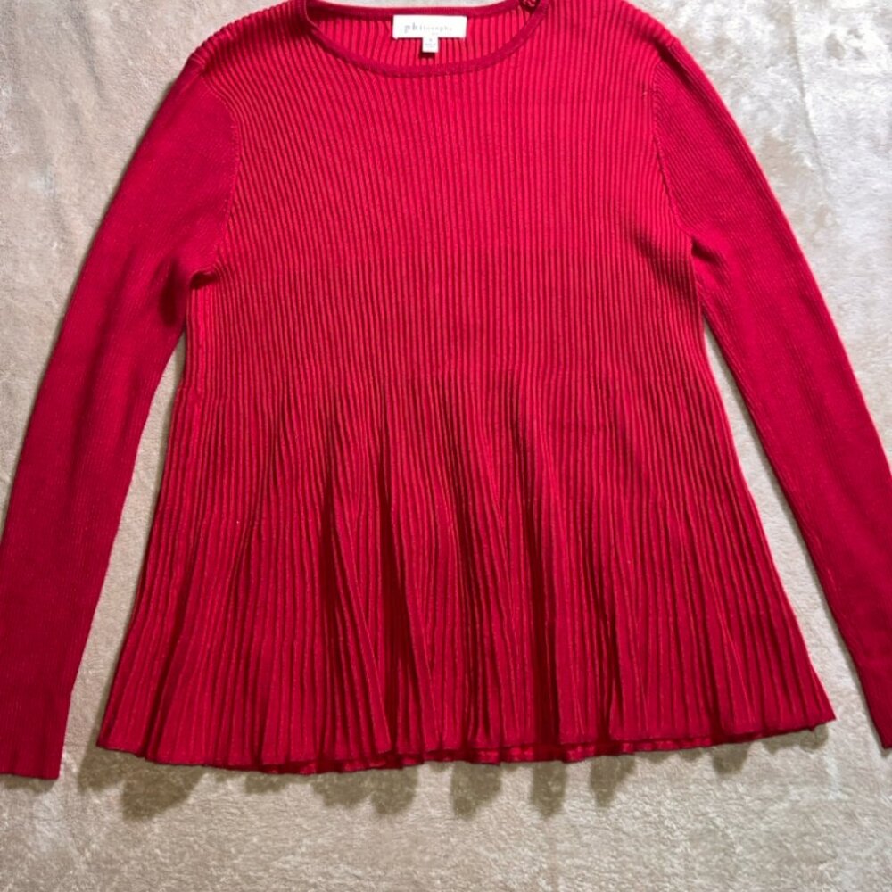 Philosophy Women Small Red Ribbed Rayon Knit Round Neck Long Sleeve Sweater